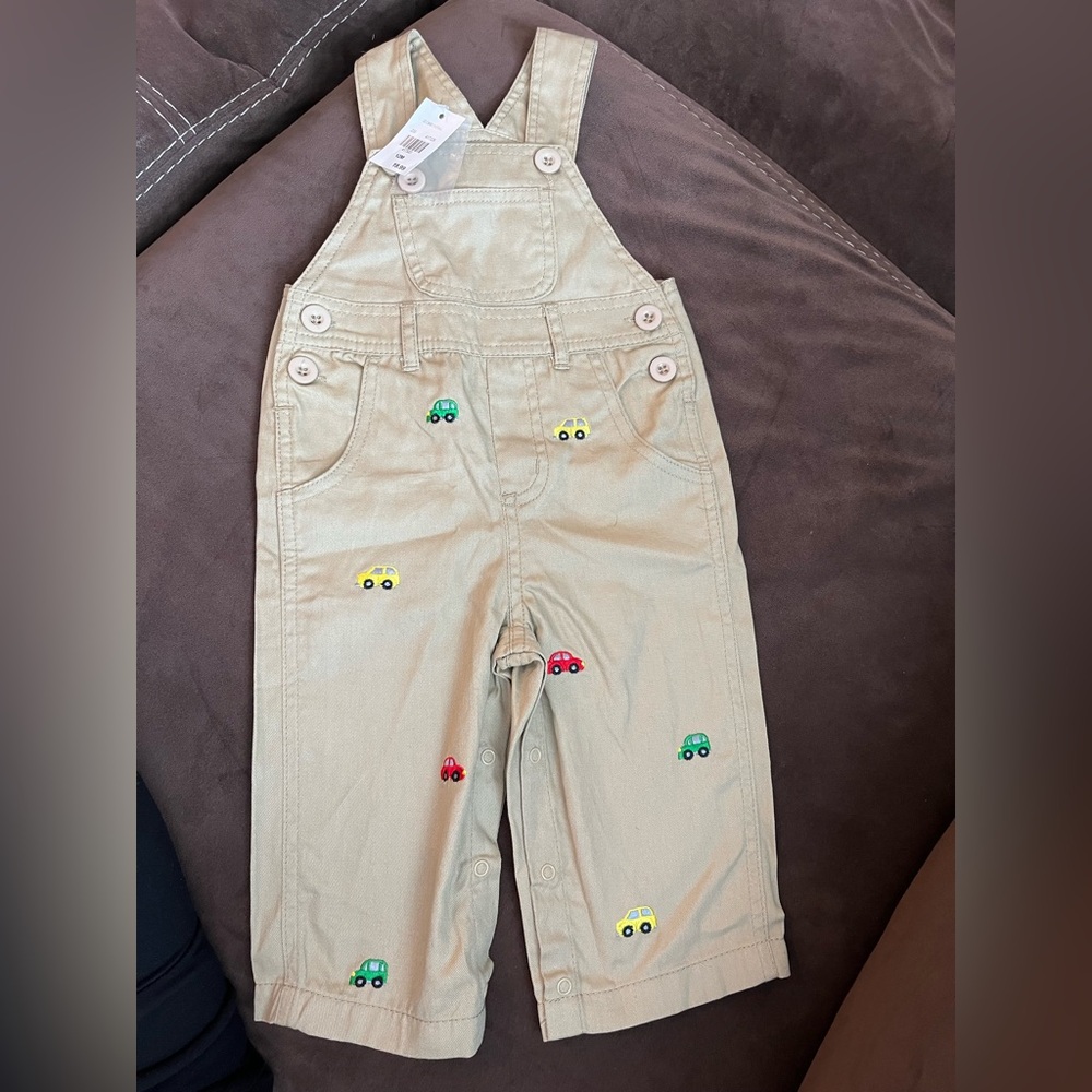 Charming Kids' Tan Overalls with Car Embroidery
